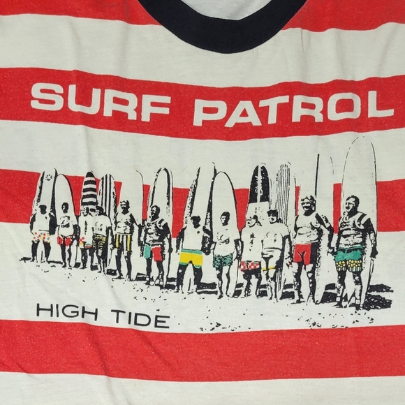 Vintage 1980s Wilson Tshirt All Over Print Striped High Tide Surf Patrol XL - Picture 2 of 6